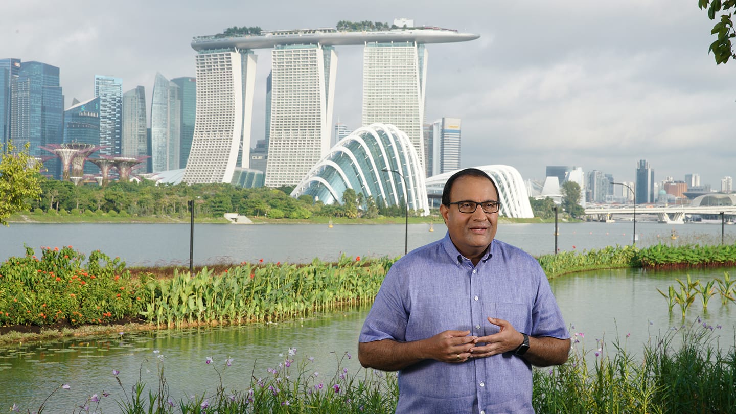 Man in blue shirt at waterfront garden; Marina Bay Sands and Flower Dome behind.